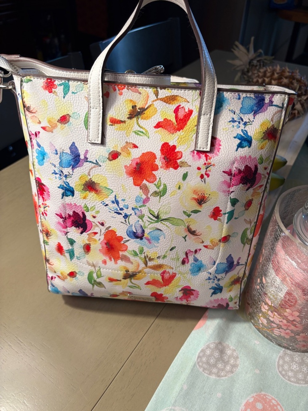 Carlos Santana White Floral Clutch with Multicolor Blooms